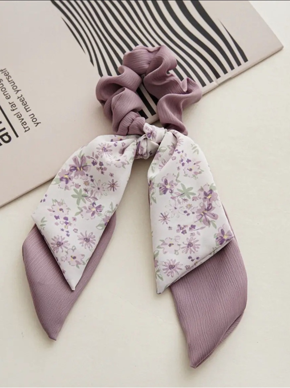 Lavender Floral Bow Scrunchie Hair Tie - Picture 1 of 1